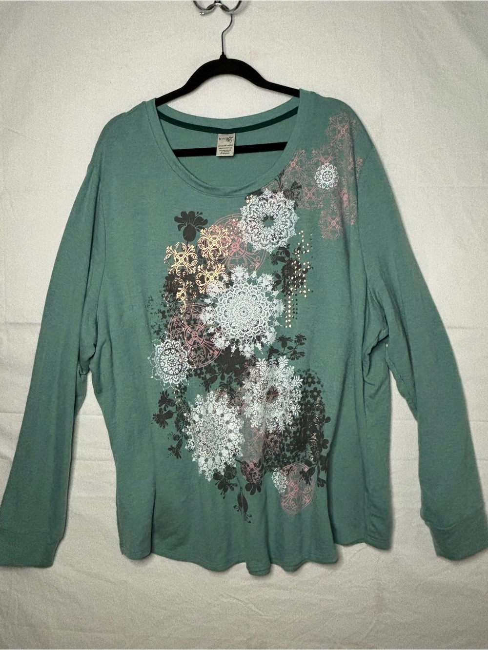 Terra & Sky Sage Green Floral Lace-Print Long Sleeve Top